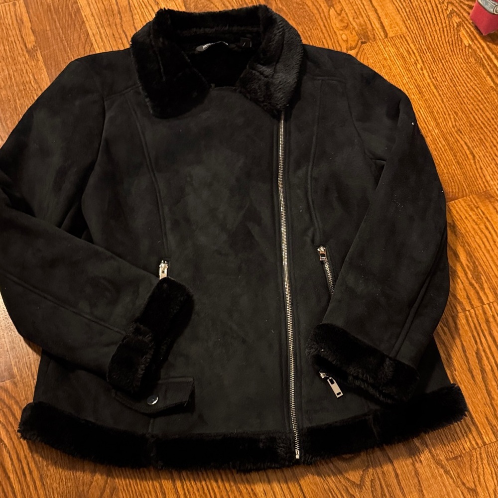 Nina Leonard black ultra suede faux black fur lining and offset full zip closure
